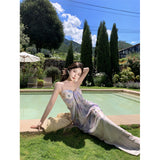 2025 Purple Gradient Print Sling Skirt Beautiful Fairy Gas Out Of The Holiday Dress Elastic Mesh Yarn