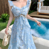 French Tea Break Blue Sling Skirt Women's Summer Tourism Beach Sweet Sunset Large Dress