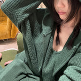 Waffle Knitted Blouse Female Full Zipper Hoodie Languized Retro Casual Outer Coat