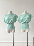 Pure Wind Fish Bone Split Design Waist Top Summer New Korean Slanted Shoulder Slim Thin Short-Sleeved T-Shirt Girl