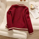 Red New Coat Down Cotton Fragrant Style French Design Fashion Temperament Long-Sleeved Top Coat Women's Clothing