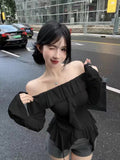 One-Word Shoulder Lotus Leaf Side Long-Sleeved T-Shirt Girl Autumn And Winter Pure Sweet Hot Girl Bare Shoulder Dress Irregular Bottom Shirt