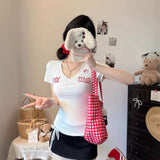 5113# Summer New Shoulder Short Sleeve Hollow Mesh Embroidery T-Shirt Girl Body Integrated With Chest Cushion