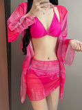 Blue Tie-Dye Four-Piece Swimsuit Women's Net Yarn Long-Sleeved Jersey Sleeves Jersey Bikini Beach Swimsuit