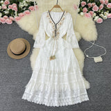 Bohemian Lyso Lace Hook Flower Super Fairy Apricot Long Dress Holiday High Waist Thin Horn Sleeve Dress
