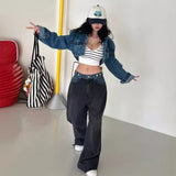 Fashion Personality Design Waist-Head-Collage Jeans Korean Version Of Niche Street Splicing Loose Black Straight Jeans
