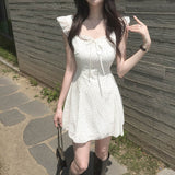 Korean Sweet Girl Wave Point Small Flying Sleeve Lotus Leaf Lace Waist Chiffon Dress Small Thin Short Dress