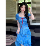 Holiday Wind Broken A Flower-Slaught Shoulder Dress Women's Summer 2025 New Waist Display Thin Irregular Blue Slings Long
