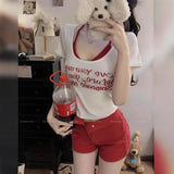 5089 # People Cotton Pure Want To Fake Two Shoulders Short-Sleeved T-Shirts 2025 Summer Slim Sweet Waist Top