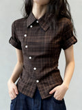 Vintage Style Color Lattice Design Short Sleeves Thin Repair Body Dress Set Design Feel Out Of The Street Dating Must Be Necessary