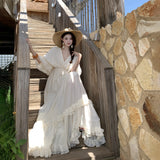 Xinjiang Sichuan West Yunnan Tourism Photo Wearing Heavy Industry Thresh Super Fairy Neck To Receive Waist Dress Dress Dress Woman