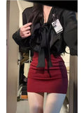 Spring And Summer Pure Desire Sister Style Wearing A Suit Of Female Mature Temperament Bow Long-Sleeved Shirt + Bag Of Hip Skirt A Complete Set