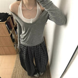 Korean Gray Fake Two Long-Sleeved T-Shirts For Summer New Niche Design With A Neck V-Neck Sunscreen Shirt Top