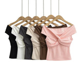 Spice Girls Folded Knot Stacked Short-Sleeved T-Shirt Chic One-Word Shoulder Pure Desire To Design The Body Of The Woman
