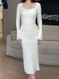 Curry Color Collar Splicing Lace Pit Knitted Dress Strapped Waist Long Sleeve Skirt