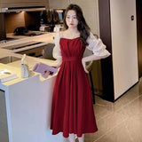 Sweet French Red Dress Women Five-Sleeve 2025 Summer New Waist Display Thin Long Dress A-Word Skirt