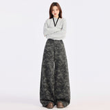 Grey Camouflage Broad-Legged Jeans Women's Spring 2025 New High-Rise Loose Thin Straight Trousers Snow Neil