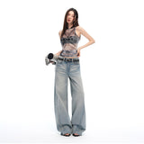 26 Years Of Summer New Low-Rise Retro Washing Laser Radiated Three-Dimensional Cat Should Be Loose Broad-Legged Jeans