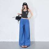 Bright-Colored Summer Oxygen-Sensitive Sleeves With Loose Straight-Tight Tug-And-Blow Trousers Blue Paratroopers Simulation Silk Tugging