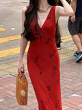 Rose Red V-Necked Dresses Women's Summer Cash Bags Vacation Dresses Women's Summer Dresses