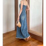 Vintage Nostalgic Temperament Behind The Open Denim Sling Dress High Waist Line Water-Washing Sling Skirt