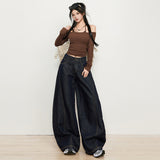[SU] Vintage Primary Jeans Women Anti-Color Dark Blue Loose Straight Broad Leg Pants Autumn New