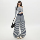 2025 New Autumn And Winter Striped Loose Comfortable Trousers Blue And White Drawstring With Elastic Slack Design Sense