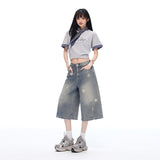 Cowboy Trousers Women Summer New Retro Old Star Print Loose Super Fire Seven-Point Pants Blue Spring