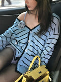 Jennie's Same Little Fragrant Blue Stripes Loose V-Neck Knitted Shirt Sling + Short Skirt