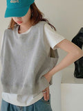 Spring And Autumn Gray Short Cotton Vest Vest Women Design Small Group Of Guards Shoulder Folded Wearing Sleeveless Top