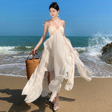 Sexy Temperament Heavy Industry Hanging Neck Sling Dress Women's Summer Dress White Bare Back Seaside Beach Skirt