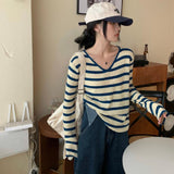 V-Neck Striped Knitted Jersey Women's Gas With Summer 2025 Early Autumn New Bottom Shirt Design Feeling Long-Sleeved Top