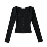 Pure Hot Girl Sexy Short Shirt Early Autumn Fake Two Lace Long-Sleeved T-Shirt Inside The Gray Bottom Shirt New