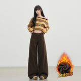 Coffee Color Retro Babes Split Jeans Female Straight Barrel Thin Loose Broad Leg Trousers