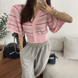 Korean Chic French Temperament Summer New Bubble Sleeve Single Buckle Thin Shoulder V-Neck Knitted Short-Sleeved Woman