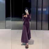 French Purple V-Neck Knitted Dress Women Early Autumn 2025 New Bottom Slim Dress