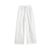 Three Defenses Of The Silk Cotton Fall Loose Broad Leg Stick Pants High Waist Pure White Beads Embroidered Denim Granny Trousers Nine Minutes