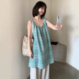 Korean Daily Relaxation Feeling With Sweet Lattice Folded V-Neck Vest Short Dress Thin Design Dress Woman