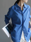 French Sea Blue Linen Shirt Women Thin Loose Temperament Old Money Style High-End Cotton-Sample Sunscreen Shirt
