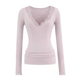 Lace V Collar Inside The Bottom Shirt Women's New Low-Collar Pure Sexy Tea Art Long-Sleeved White Top