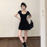 Gray U-Neck Short-Sleeved Dress Woman Summer Small Folded Waist A Skirt Babes Super Short Skirt Folding Skirt