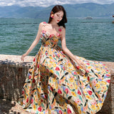 2025 Retro Square-Collar Oil Painting Sling Skirt Three-Dimensional Flower Temperament Print High-Waisted Splicing French Dress