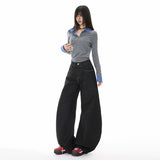 Vintage Wide-Legged Denim Slacks Autumn New Loose-Hanging Scimits Straight Trousers Pure Black