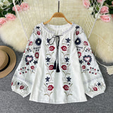 2025 New Bohemian Retro Embroidery Print Top Women Loose Casual French Chic Long-Sleeved Shirt