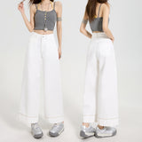 Three Defenses Of The Silk Cotton Fall Loose Broad Leg Stick Pants High Waist Pure White Beads Embroidered Denim Granny Trousers Nine Minutes
