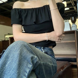 Solid Color Shoulder Shoulder Short-Sleeved T-Shirt Woman 2025 New Summer Design Sense Niche Ins Folding Slim Top