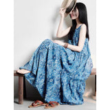 Blue Smashed Sling Dress Girl 2026 Summer New French V-Neck Holiday Thin Beach Dress Bohemian