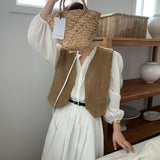 Korean Blogger Retro Simple Slip Velvet Folded V-Neck Cardigan Outside Vest + Wooden Ear Tie Shirt