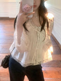 Zhong Lingyin Show Elegant Exquisite Details Feel Solid Color 100 Cotton Lace Shirt Women Summer T-Shirt