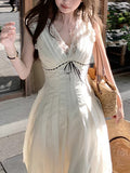 Slamny Cloud Tiling Lace V-Neck Sleeveless Silk Dress To Close The Waist Slim Dress Sexy Dress